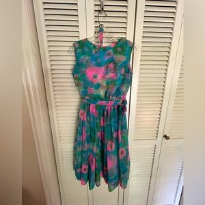 50’s Fitted Bodice & Overblouse Full Skirt Dress Chiffon/Satin Watercolor Print